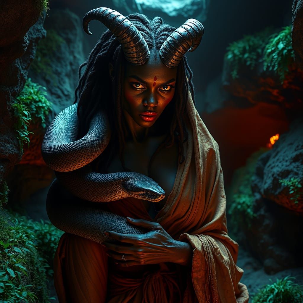 Towering African Demon Woman in Grotto