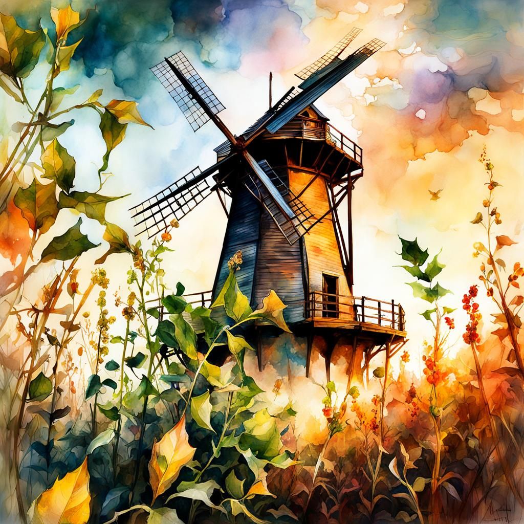 Watercolor Windmill Double Exposure in Pastel Colors