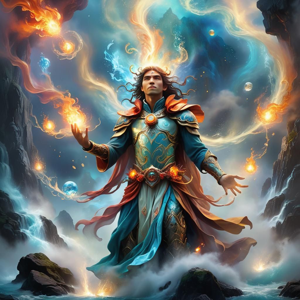 Elemental Master in Mystical Landscape, Surreal Art