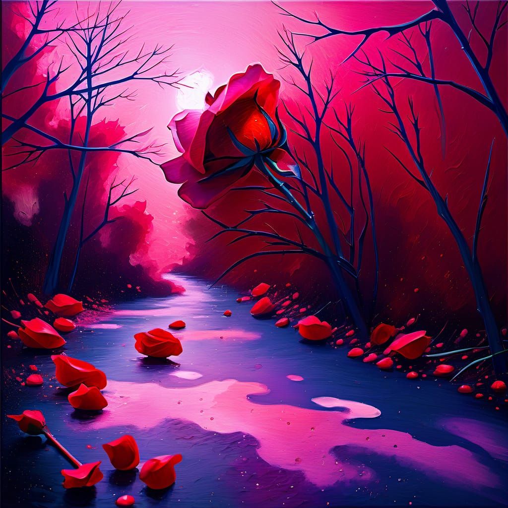Crimson Rose in Abstract Space, Impressionist Style