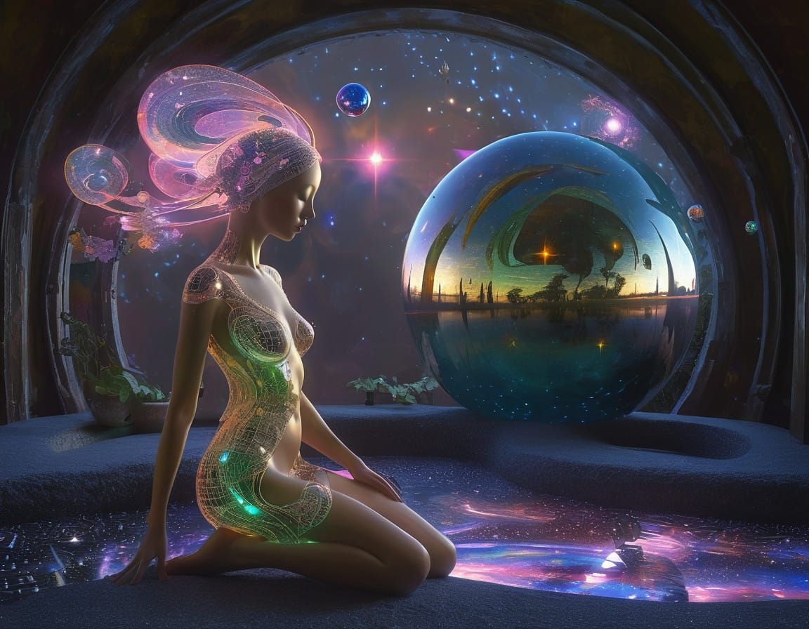 view through large portals of galactic ark fleet beautiful epic cosmic galaxies milky way with solarpunk cyberpunk stars...