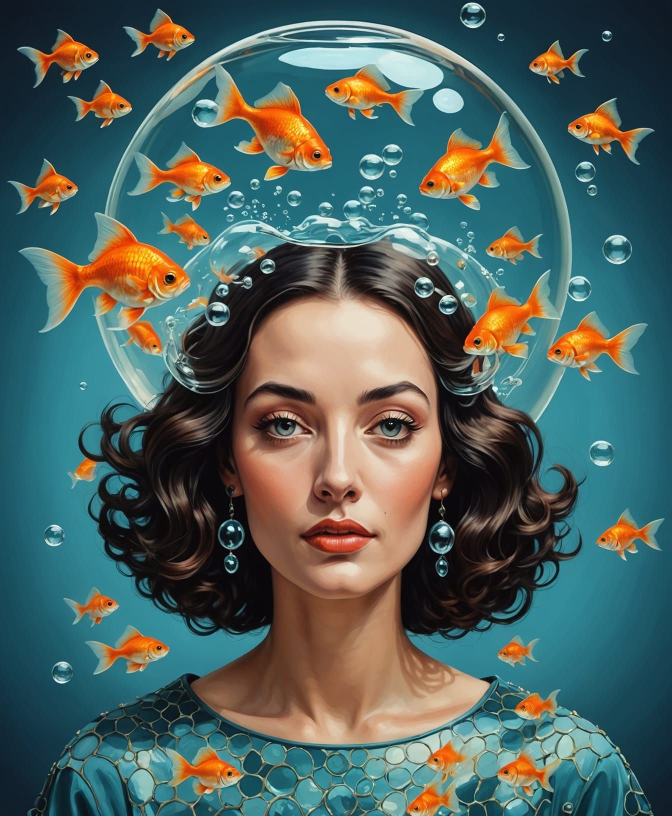 Surreal Goddess Enveloped by Whimsical Goldfish Bubble