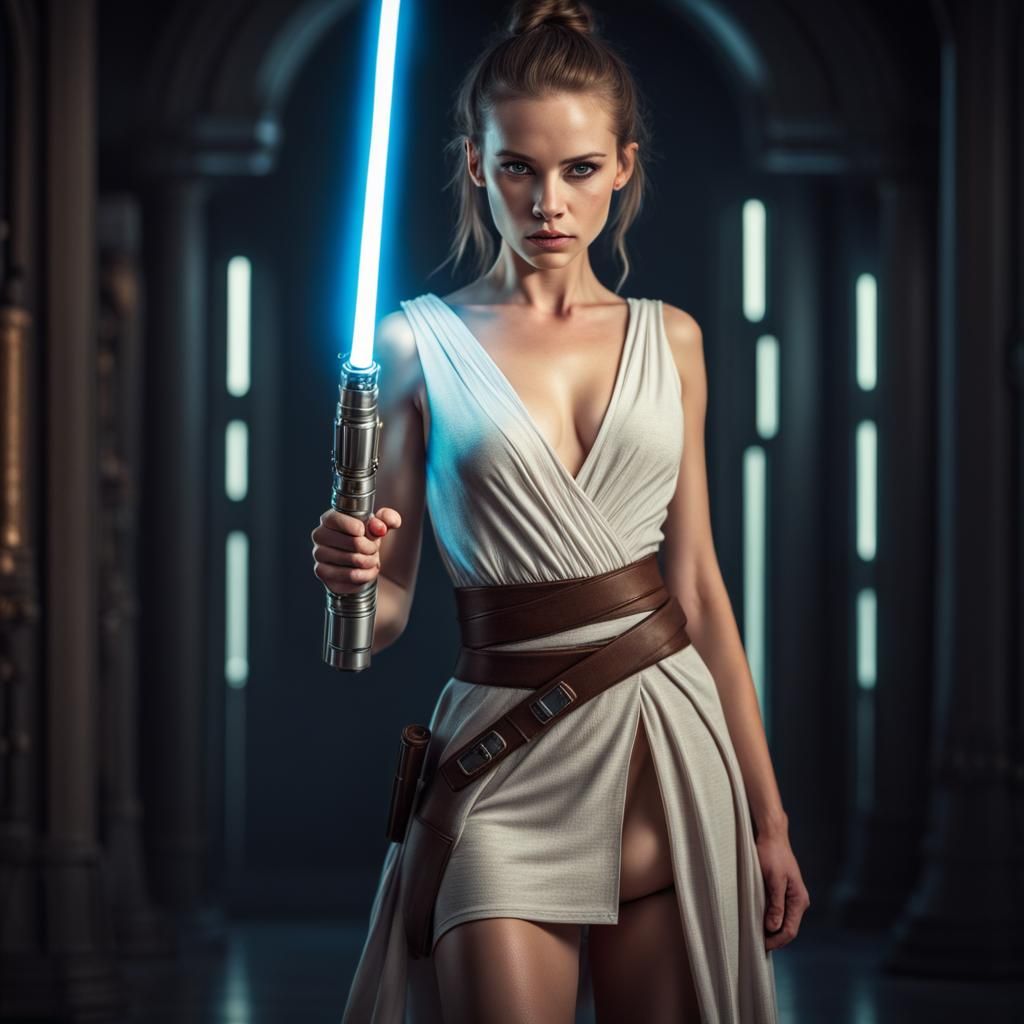 Hyperrealistic Jedi Girl with Lightsaber