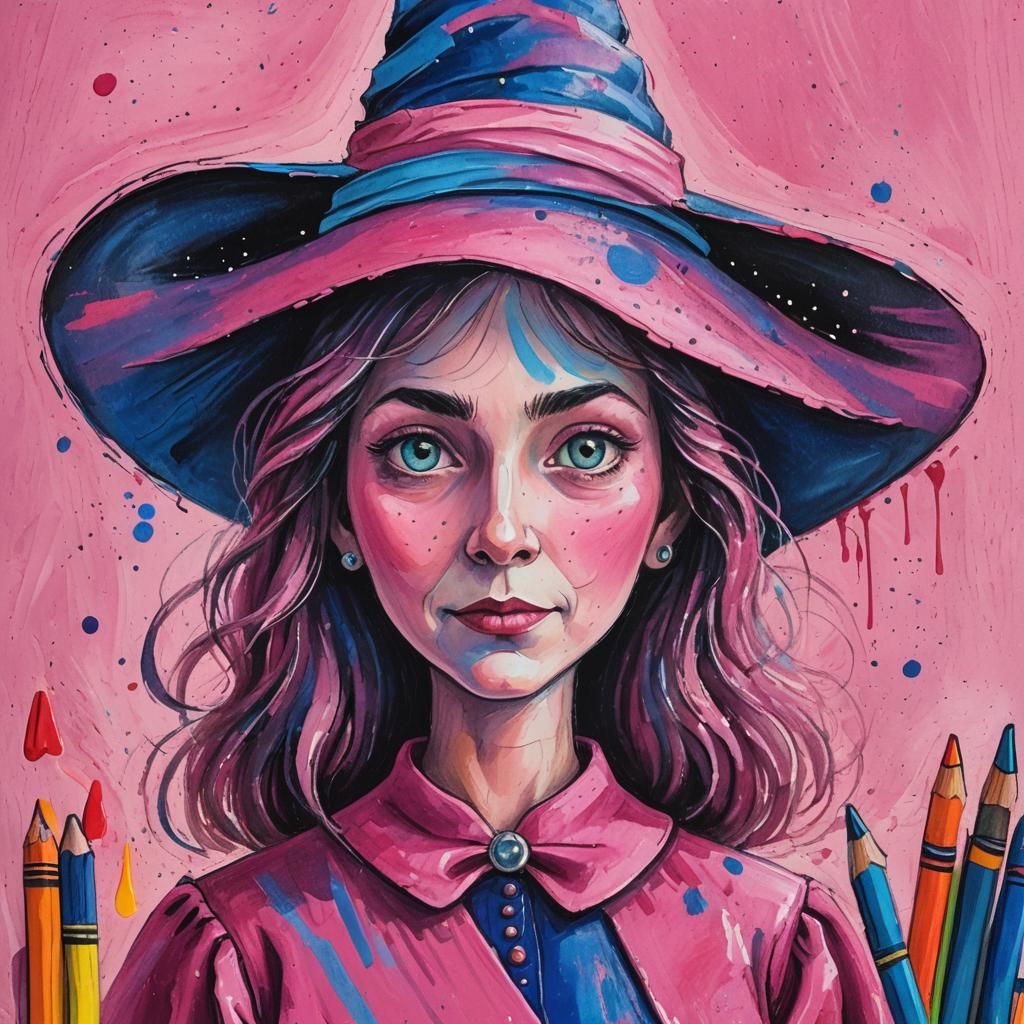 Naive Art Witch with Crayons in Pink Dress