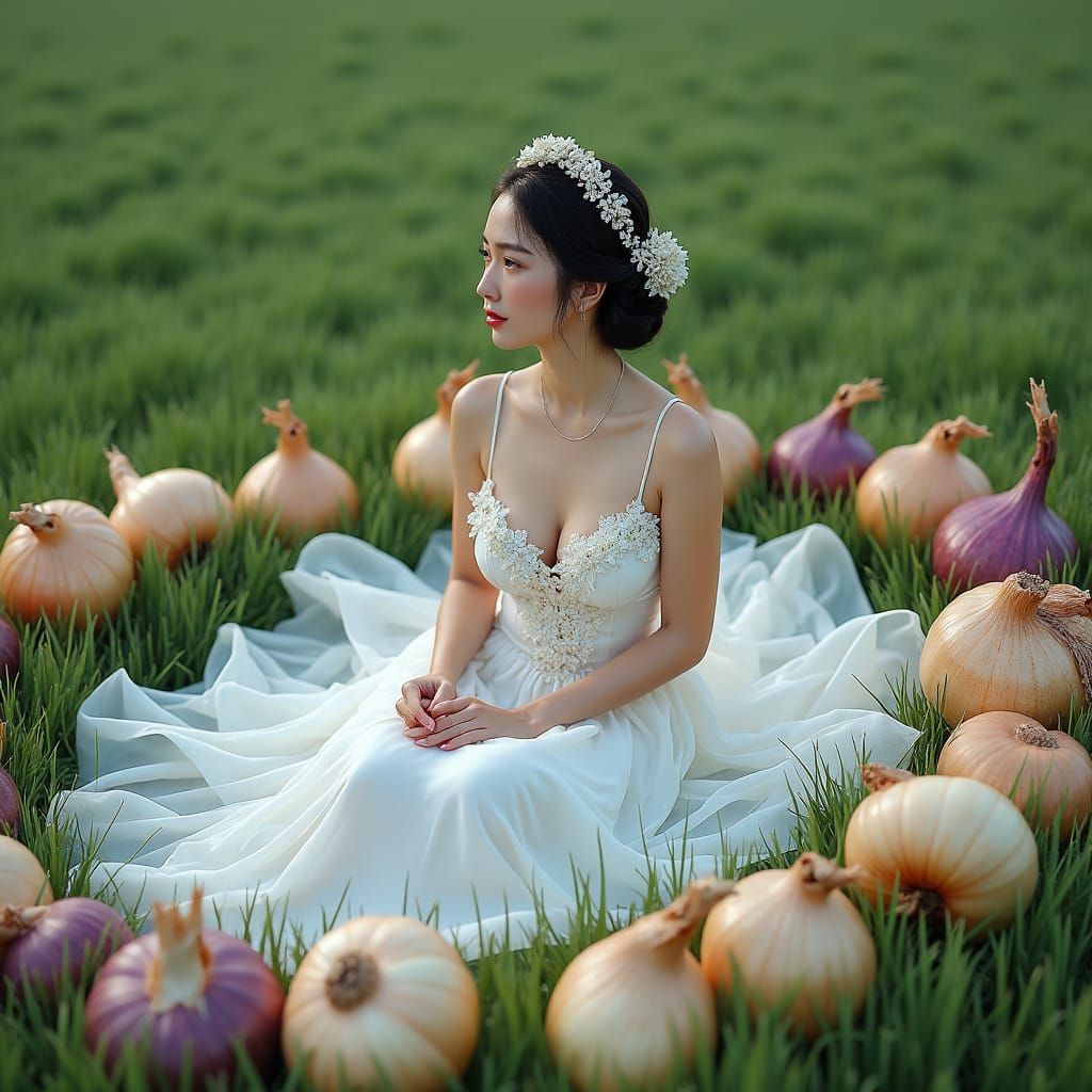 Woman in Seashell Gown in Dreamlike Meadow
