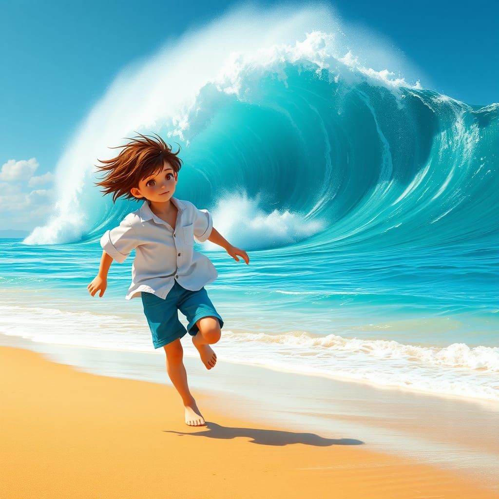 Boy Runs from Wave: 3D Anime Art