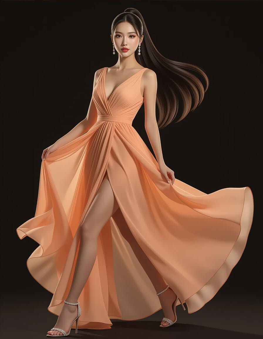 Elegant East Asian Woman in Peach Dress, Hyperrealistic Port...