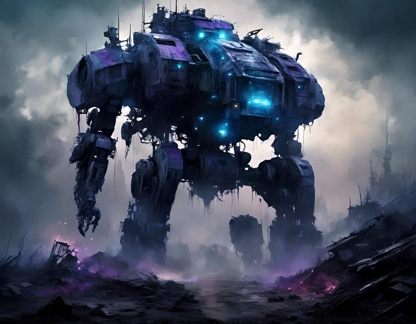 Blue Violet Mech Cyborg in Post-Apocalyptic City