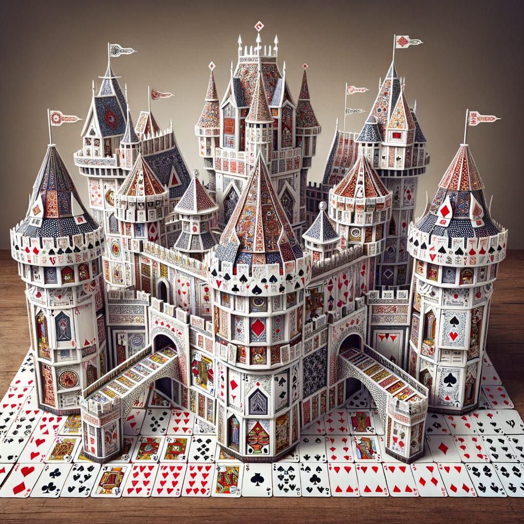 Intricate Playing Card Castle with Royal Banners