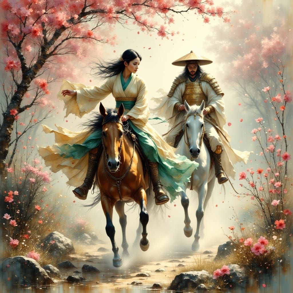 Surreal Japanese Garden Chase: Woman Flees Samurai