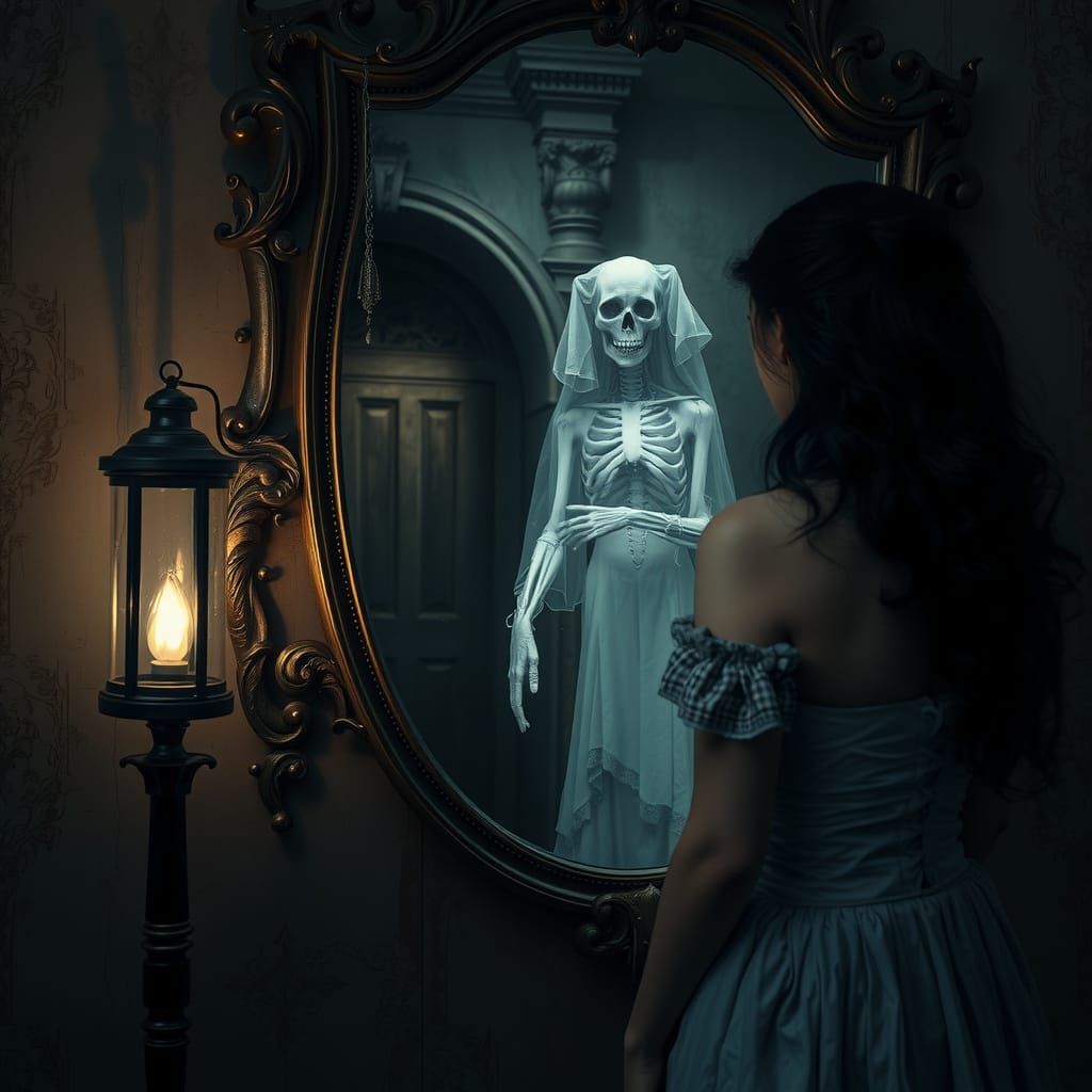 Ethereal Woman Confronts Dark Mirror Reflection