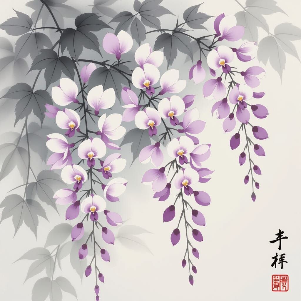 Yamato-e Wisteria Blossoms in Japanese Ink Wash Style