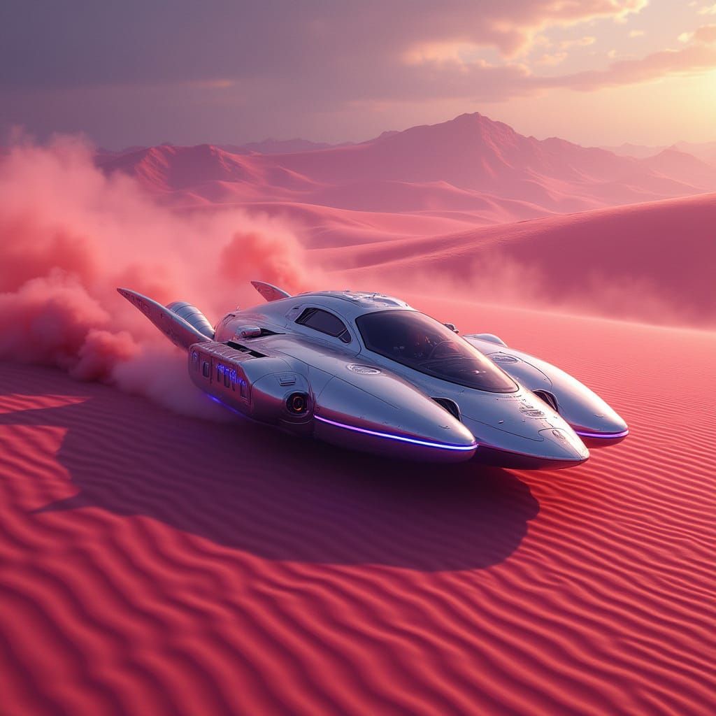 Futuristic Hovercraft on Crimson Alien Desert