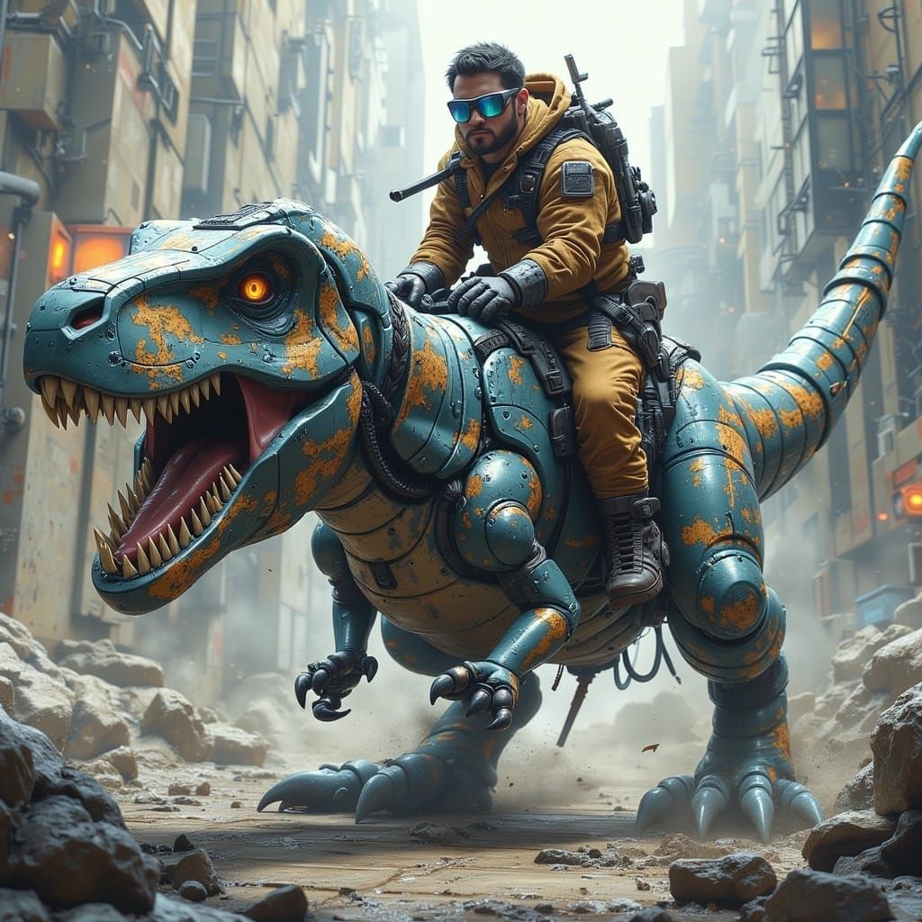 Cybernetic Tyrannosaurus Rex Rider in a Dystopian Cityscape