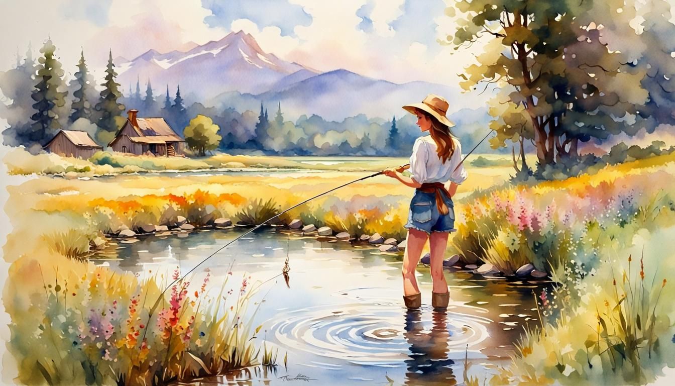 Country Girl Fishing in Watercolor Style