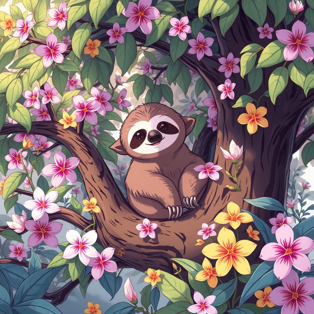 Anime Sloth in a Vibrant Tree Paradise