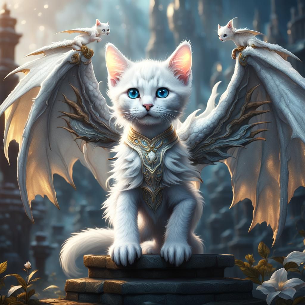 White Kitten with Dragon Wings: Fantasy Concept Art