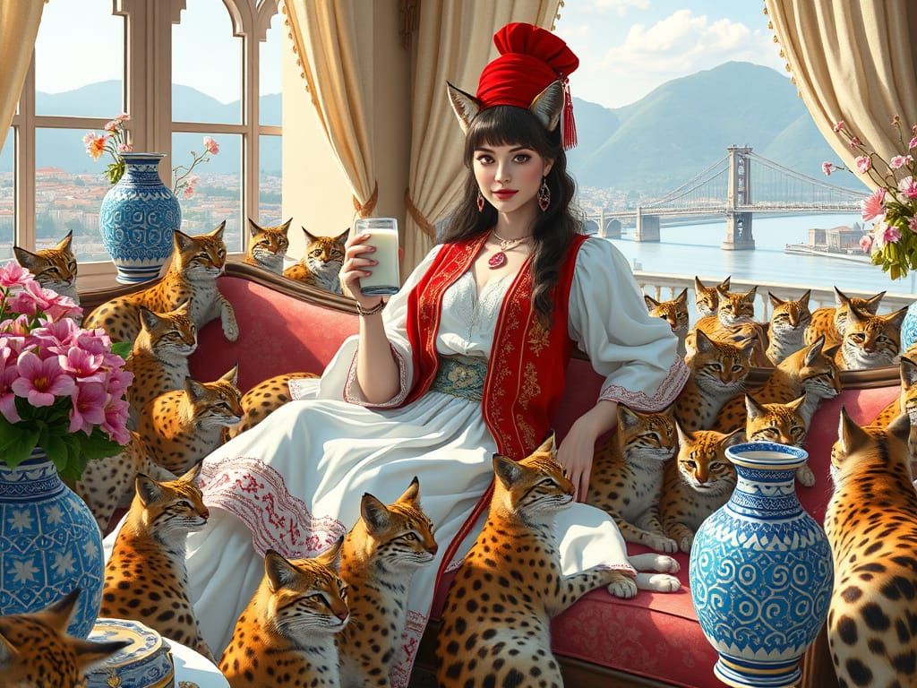 Greek Cat-Woman Lounging in Podgorica: Digital Art