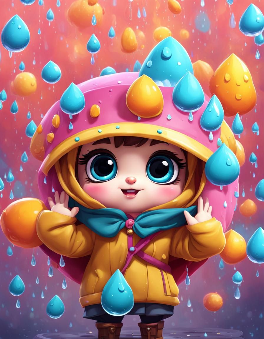 Adorable Cartoon Raindrops on Sidewalk in Action Painting St...