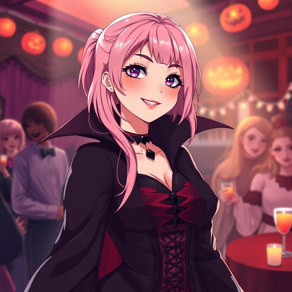 Pink-Haired Vampire at Halloween Party in Anime Style