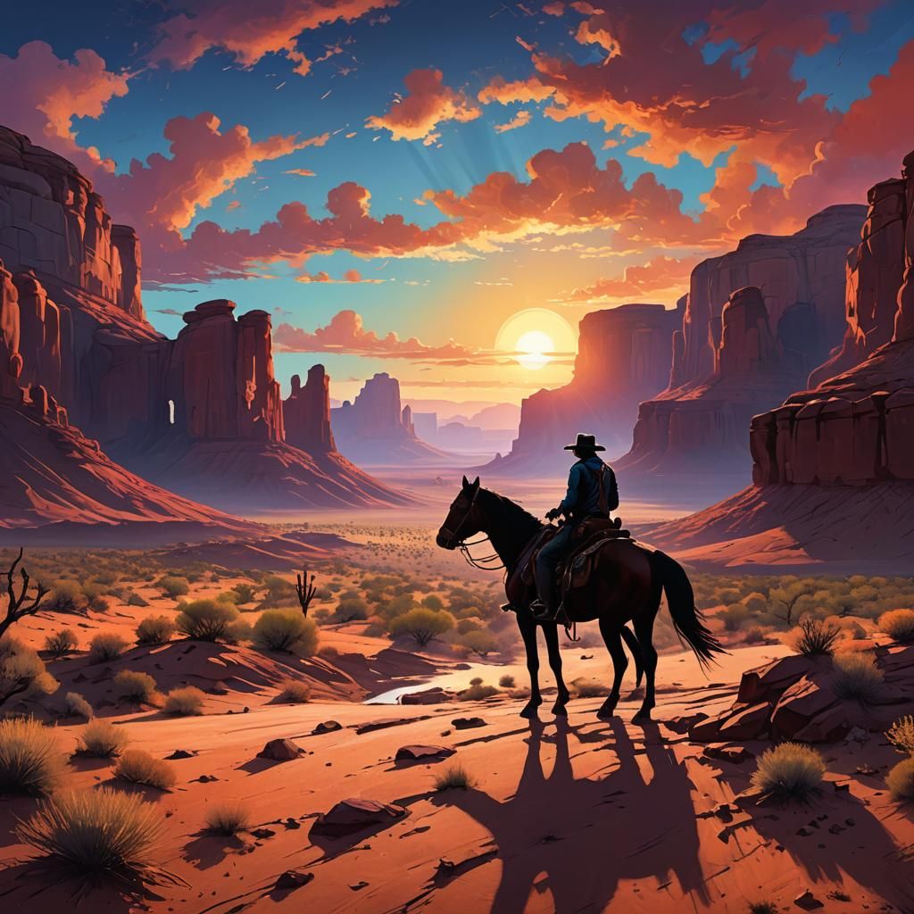 Cowboy Silhouette at Desert Sunset Digital Illustration