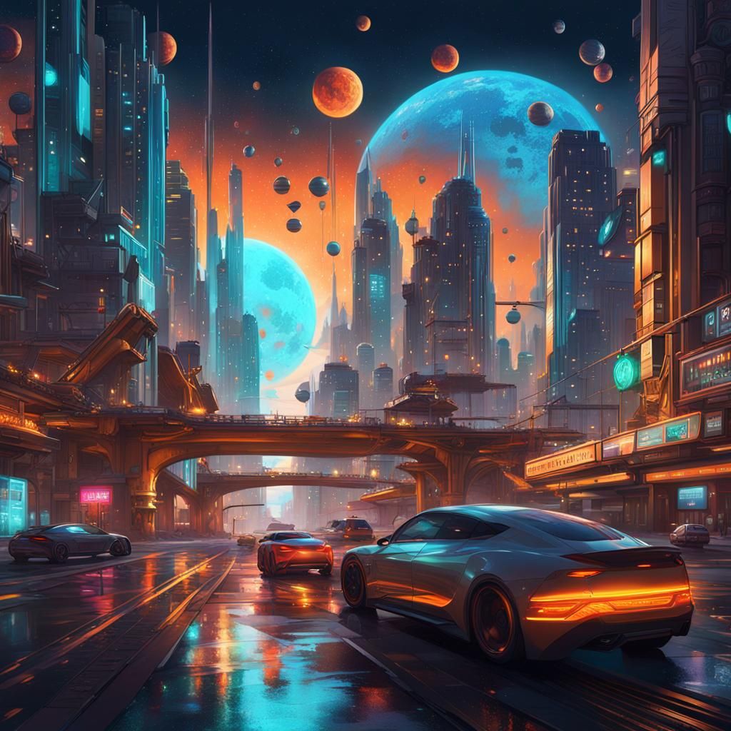 Futuristic Cityscape Under Galaxy in Pop Art Style