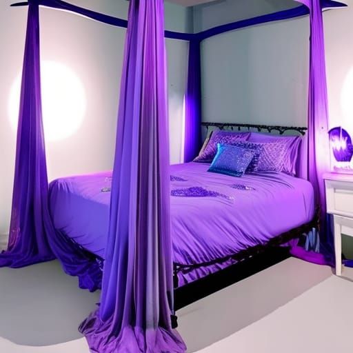 Ethereal purple gothic canopy bed with purple blanket& cobalt blue pillows& cobalt blue Strip lights at the top of the b...