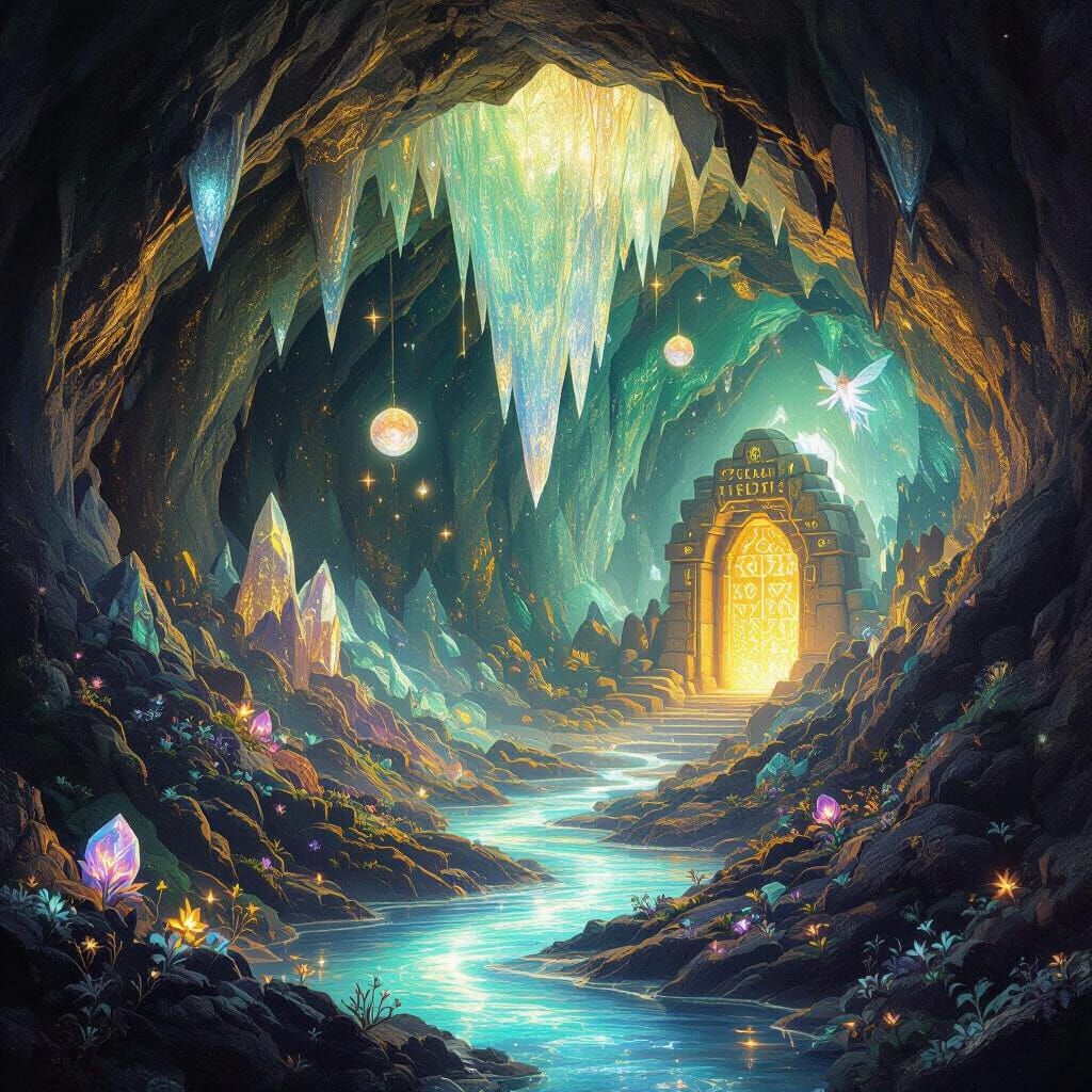 Glowing Crystal Cavern with Luminous River and Astral Creatu...
