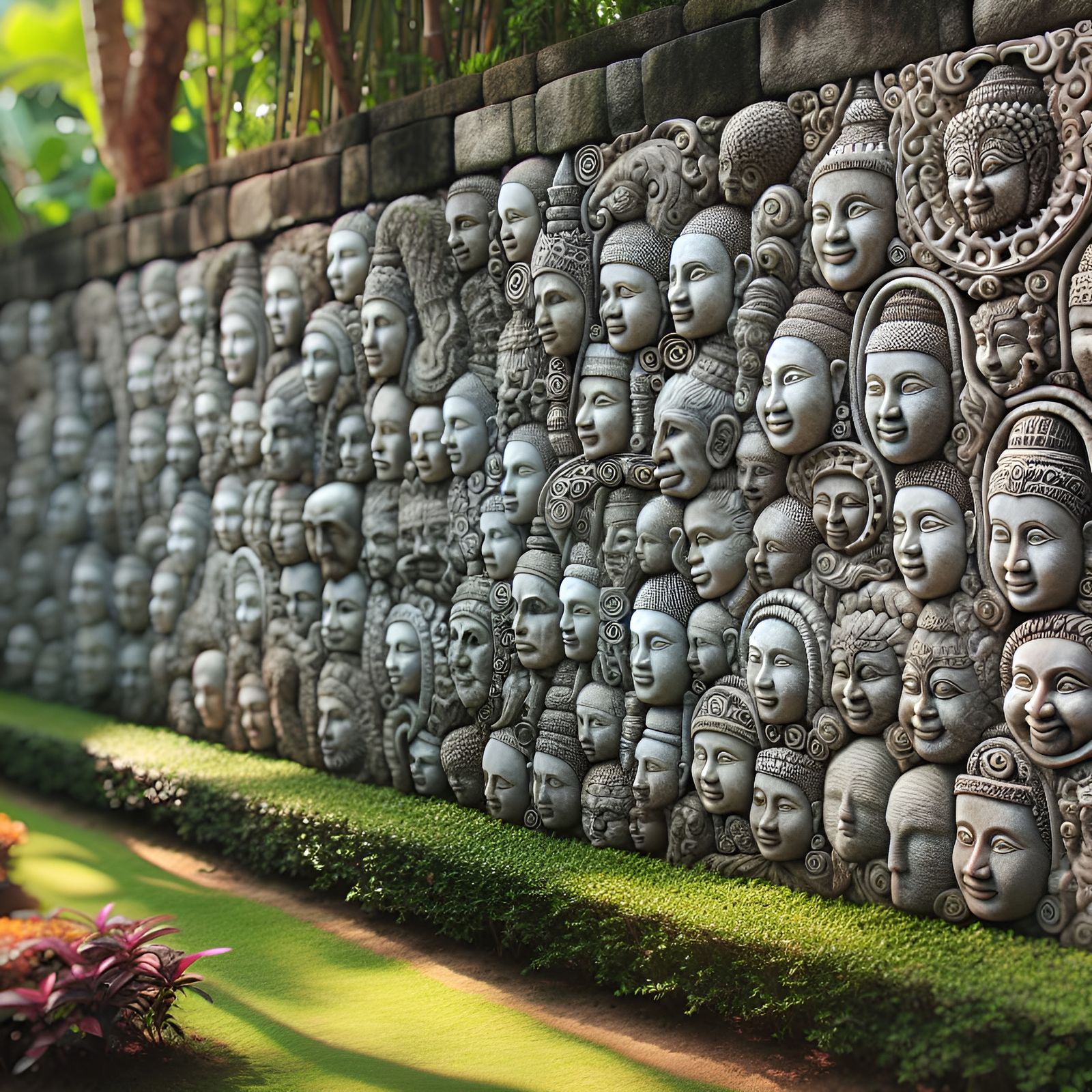 Ornate Stone Faces in Garden Setting, Sharp Focus