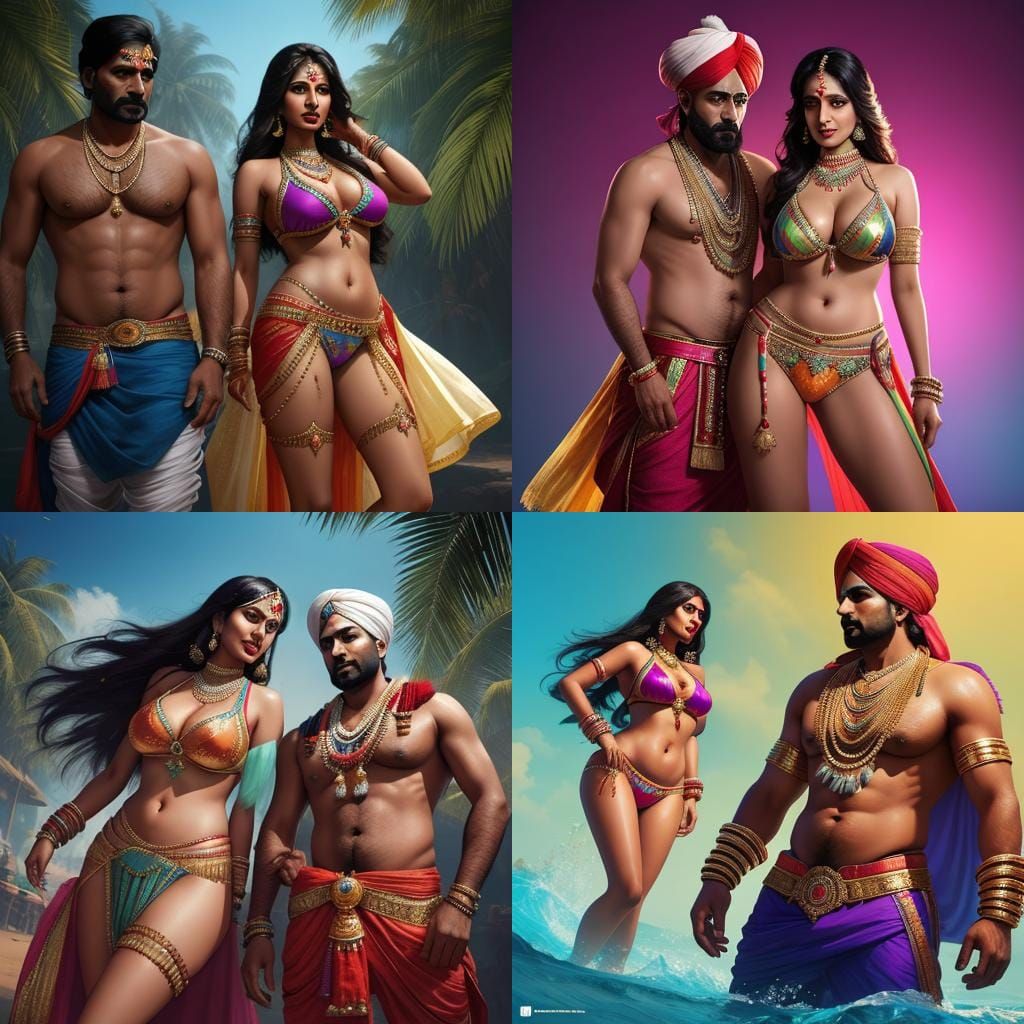 Hyperrealistic Savita Bhabhi and Man in Colorful Splash Art