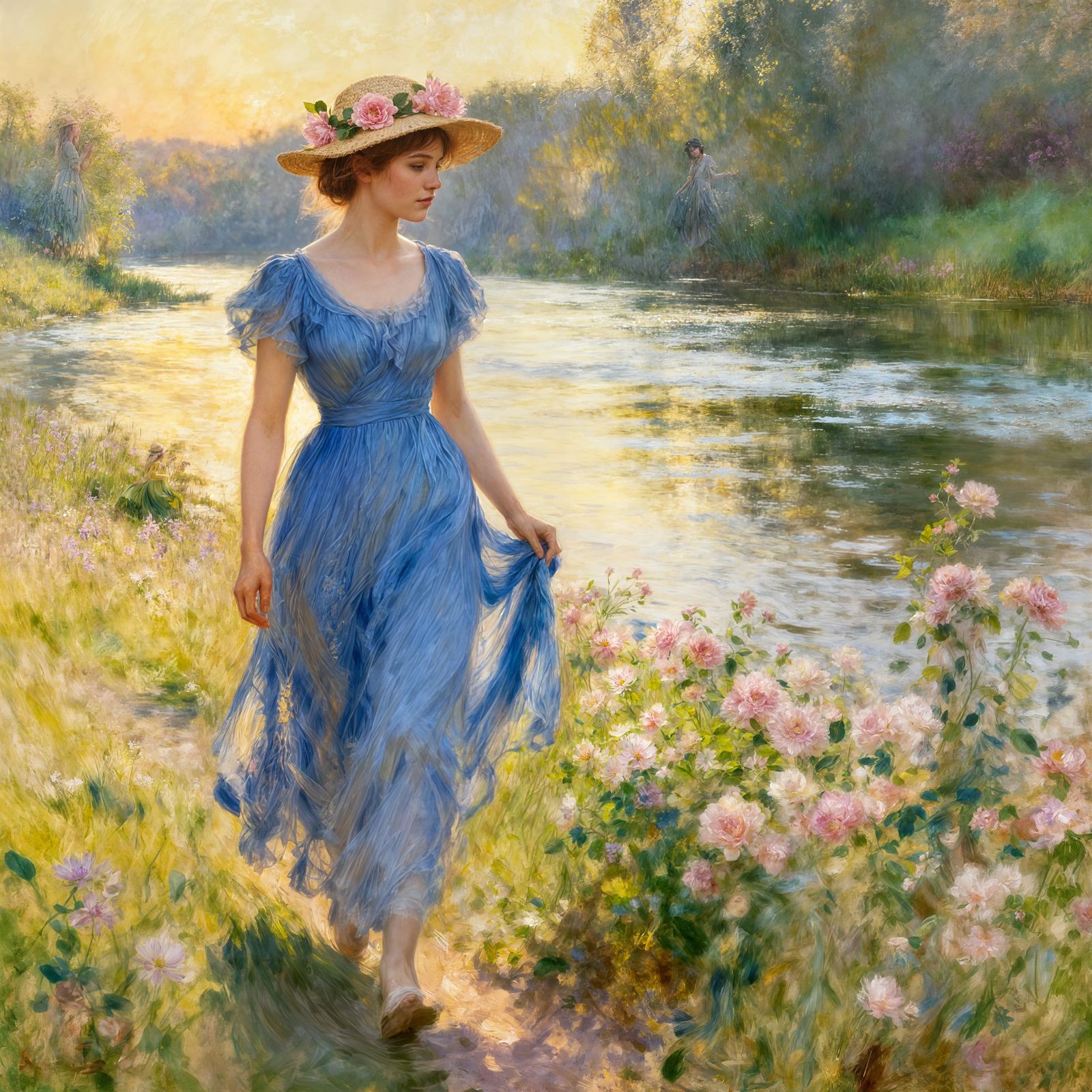 Woman in Blue Dress on Flower-Filled Riverbank, Impressionis...