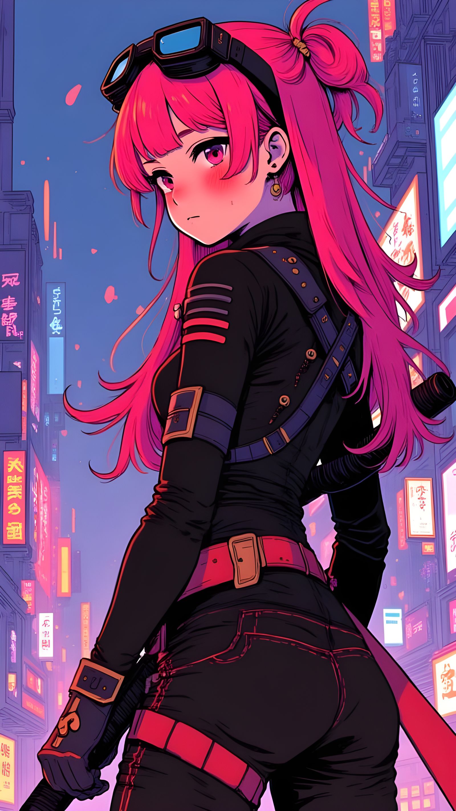 Cyberpunk Warrior Girl in Neon-Lit Cityscape