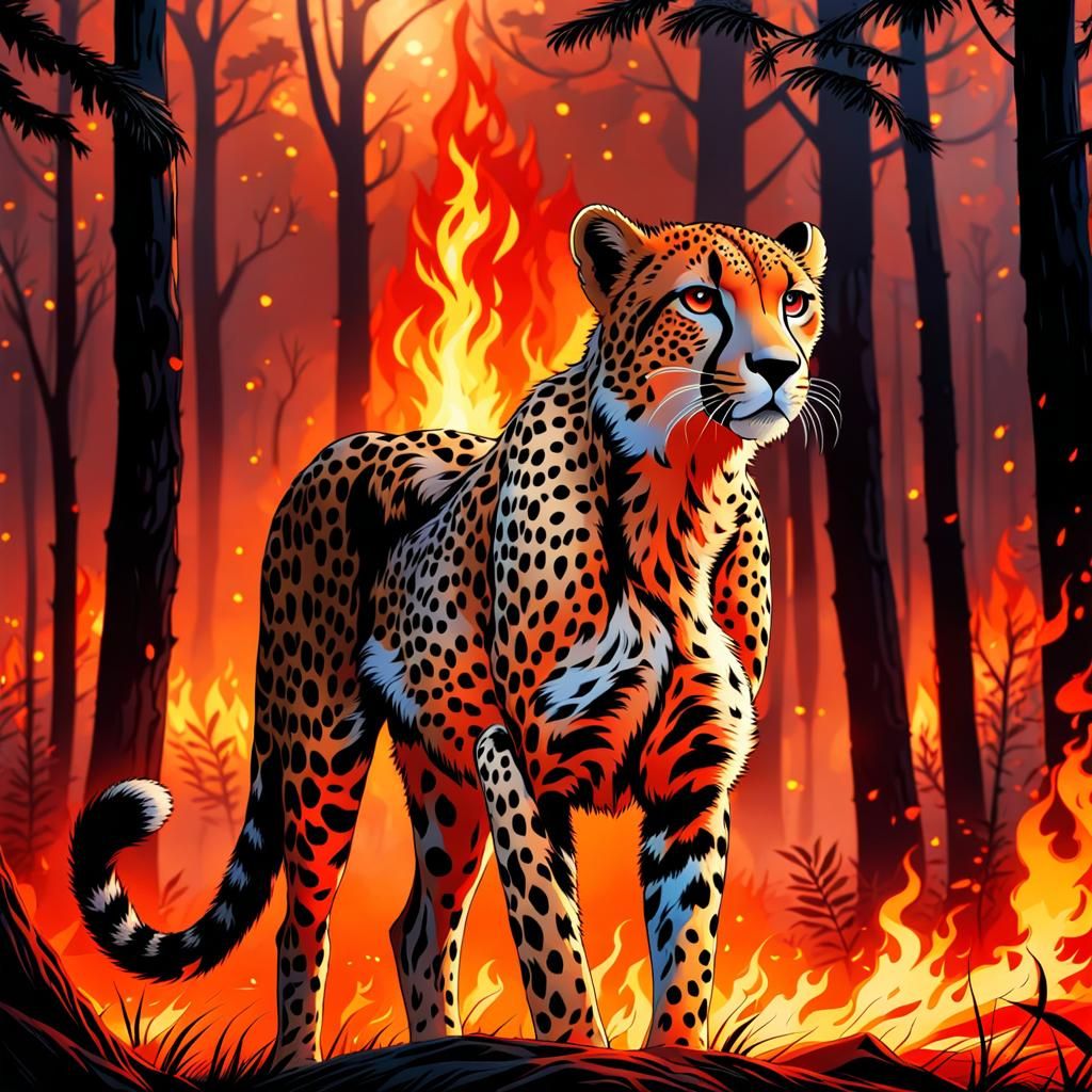 Cheetah in Burning Forest: Mysterious Encounter