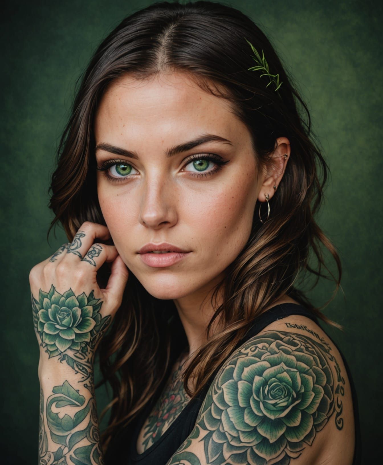 Realistic Portrait of a Green Eyed Female with Tattoos