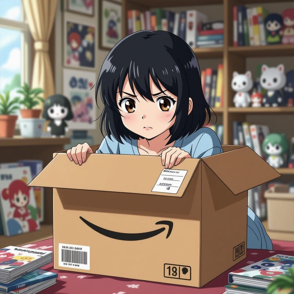 Humorous Anime Woman in Cardboard Box, Anime Style