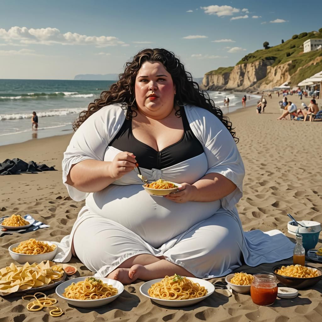 Beautiful Young Woman Enjoying Pasta on Beach