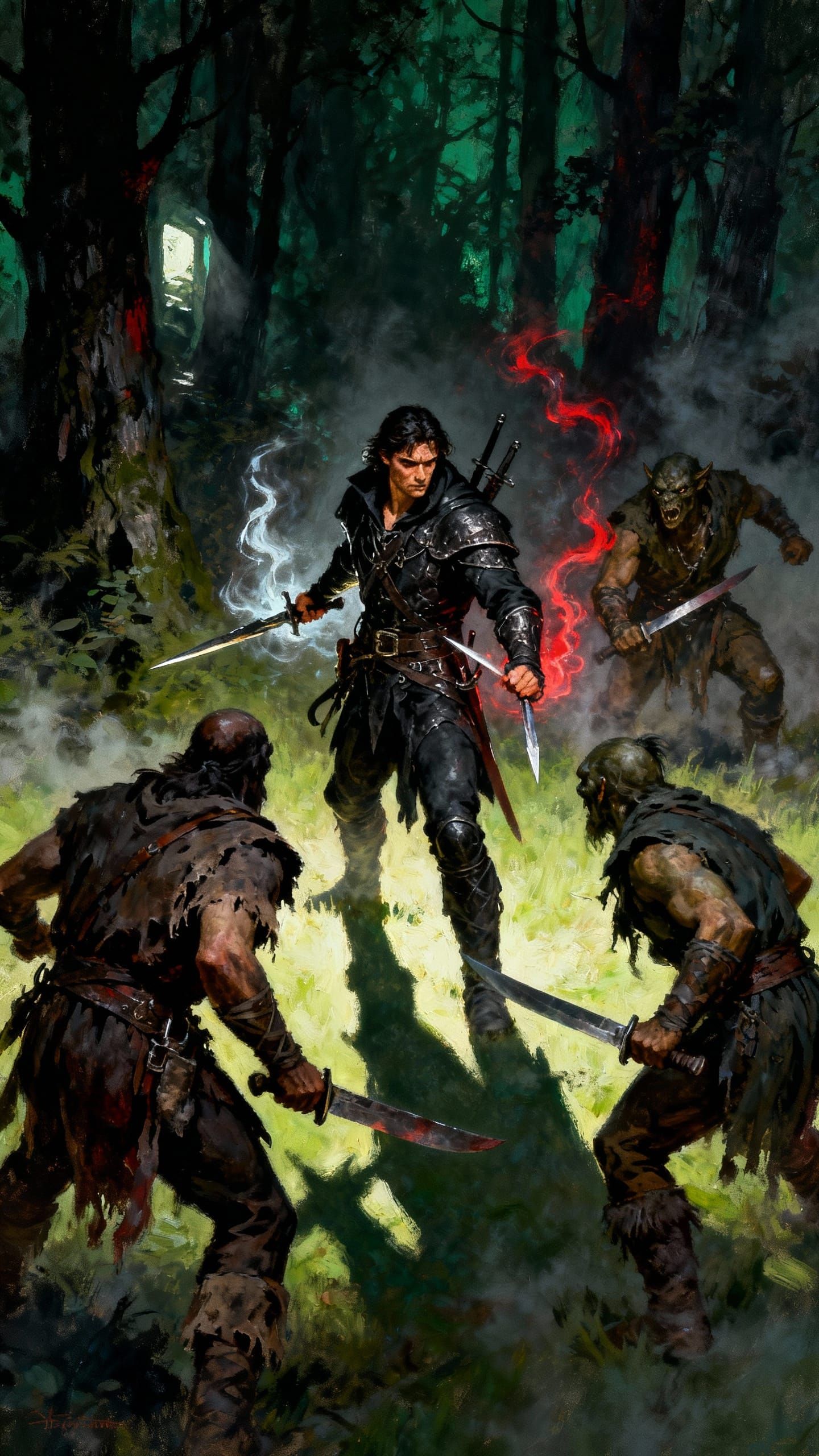 Dark Ranger Fights Bandits in Shadowy Forest