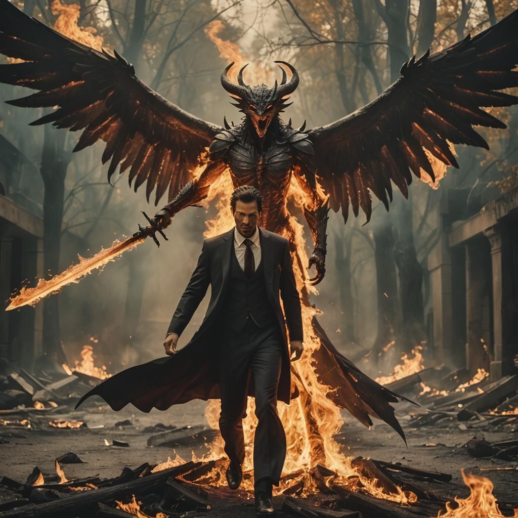 Dramatic Lucifer with Flaming Sword Cinematic Still