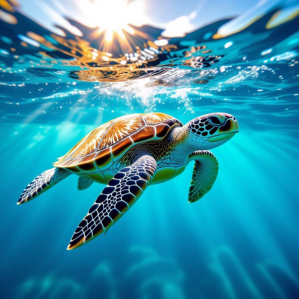 Photorealistic Sea Turtle Swimming in Sunlit Ocean