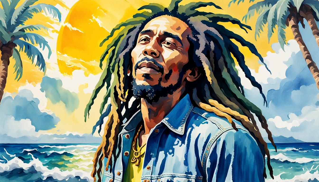 Bob Marley in Ocean: Gouache Impressionist Masterpiece