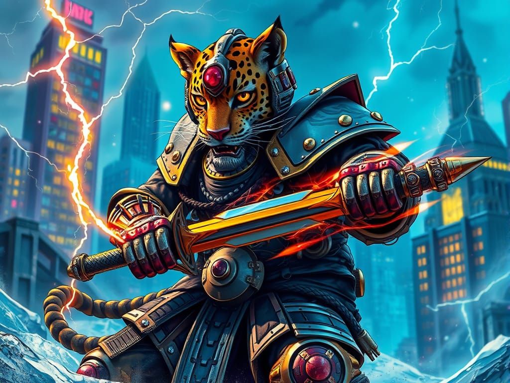 Steampunk Samurai Leopard in Fiery Cyberpunk Skies