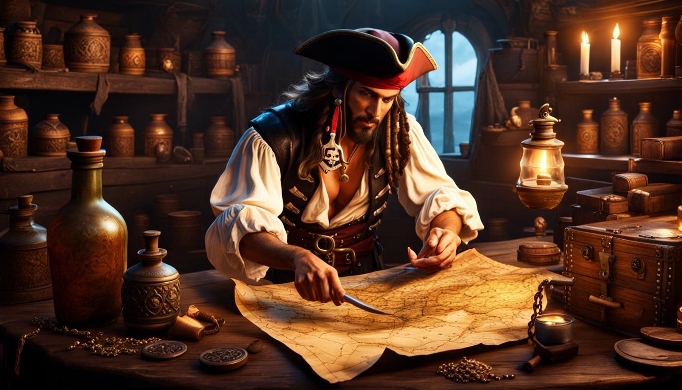 Pirate Stuffing Map into Bottle: Detailed Digital Painting