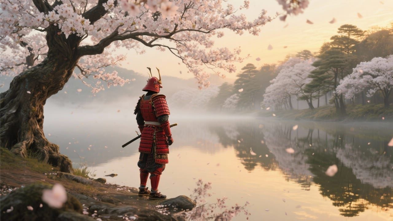 Samurai's Tranquil Dawn Meditation by Misty Lake