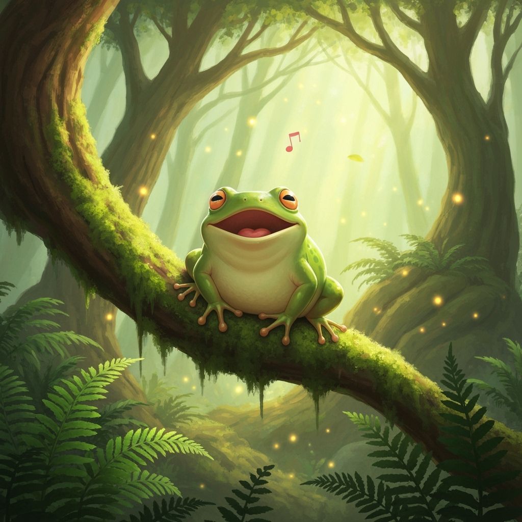 Cute Frog Sings Joyfully in Sun-Dappled Forest