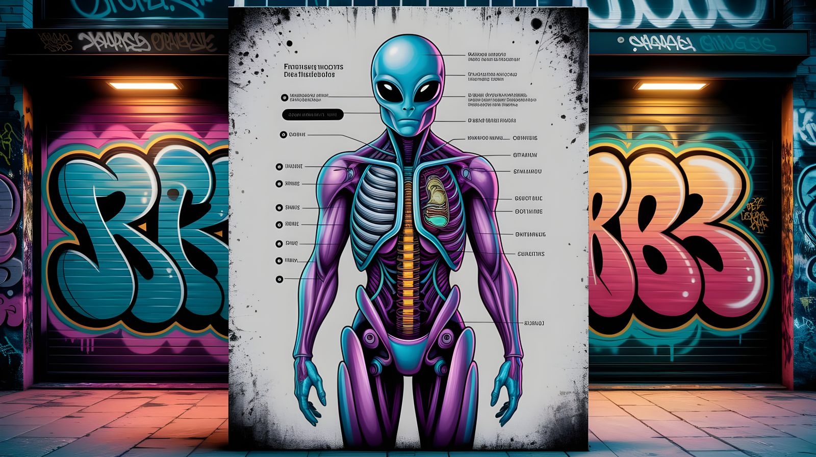 Bio-Mechanical Alien Anatomy in Vibrant Graffiti Art