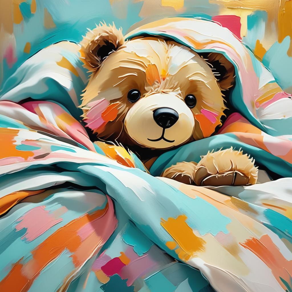 Cozy Teddy Bear in Bed: Abstract Fauvist Art