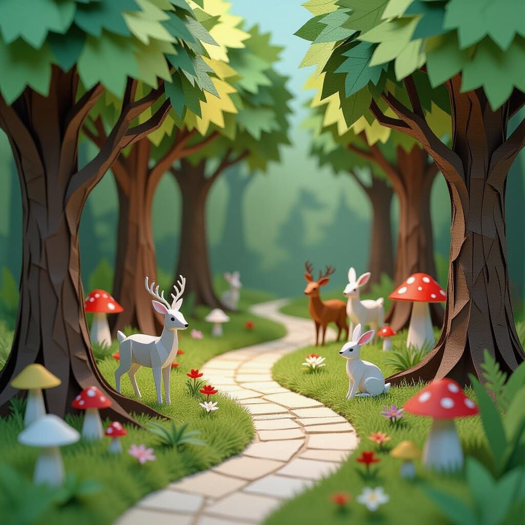 Enchanted Paper Forest Diorama with Paper Animals
