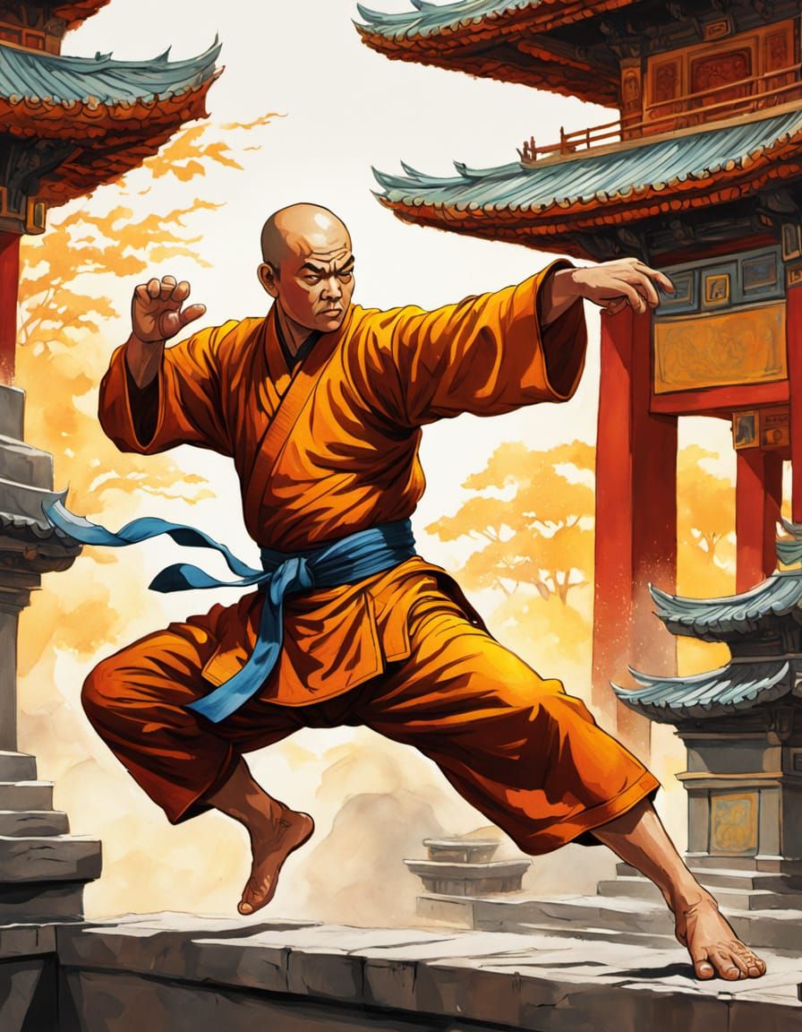 Shaolin Monk Kung Fu Kick in Comic Book Style