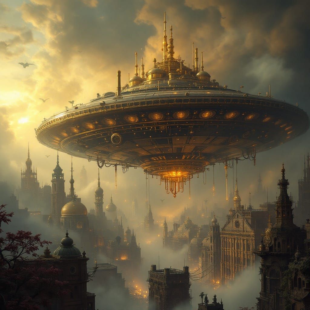 Surreal Steampunk Flying Saucer Soars Over Mysterious Citysc...