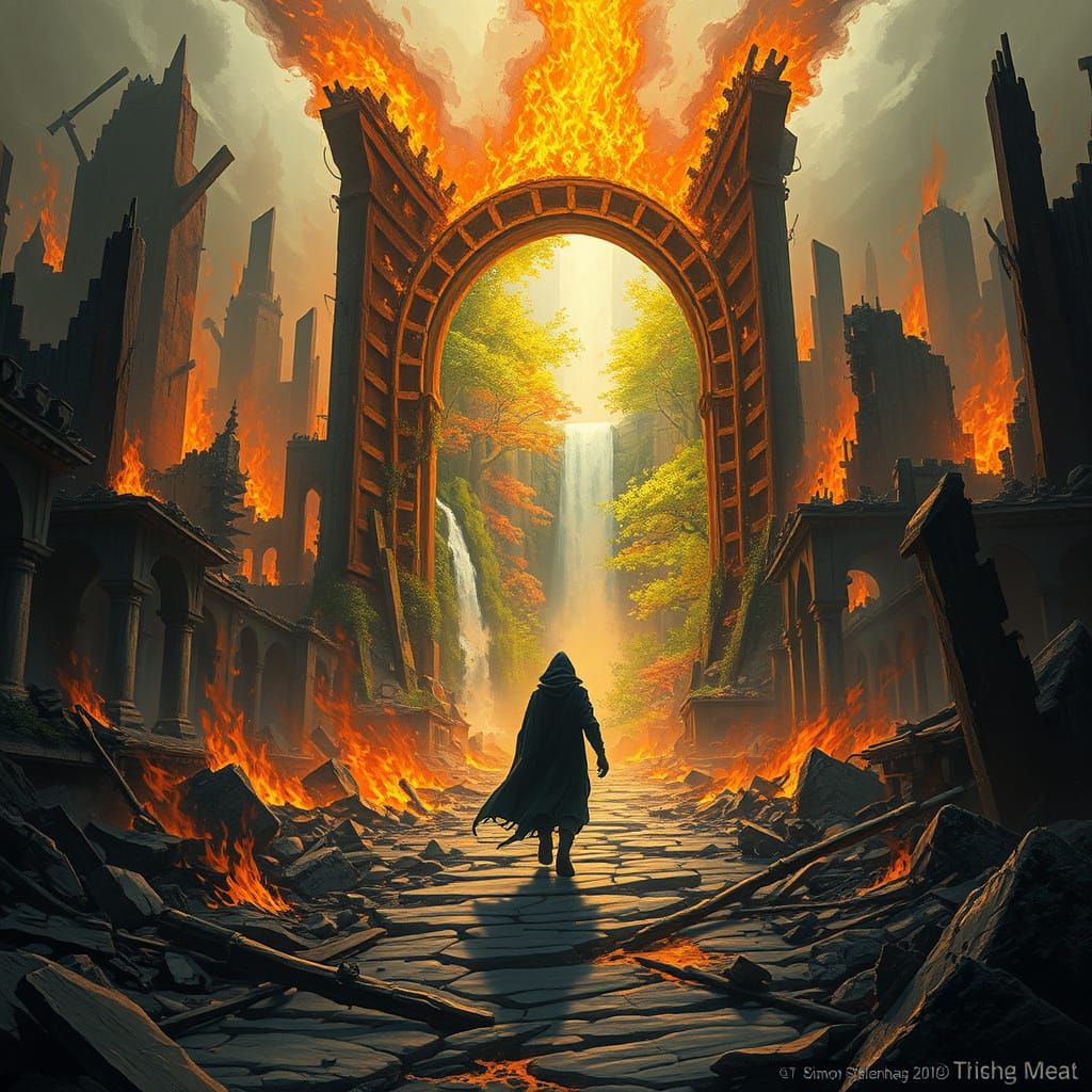 Burning City Portal to Hyperdetailed Fantasy Forest